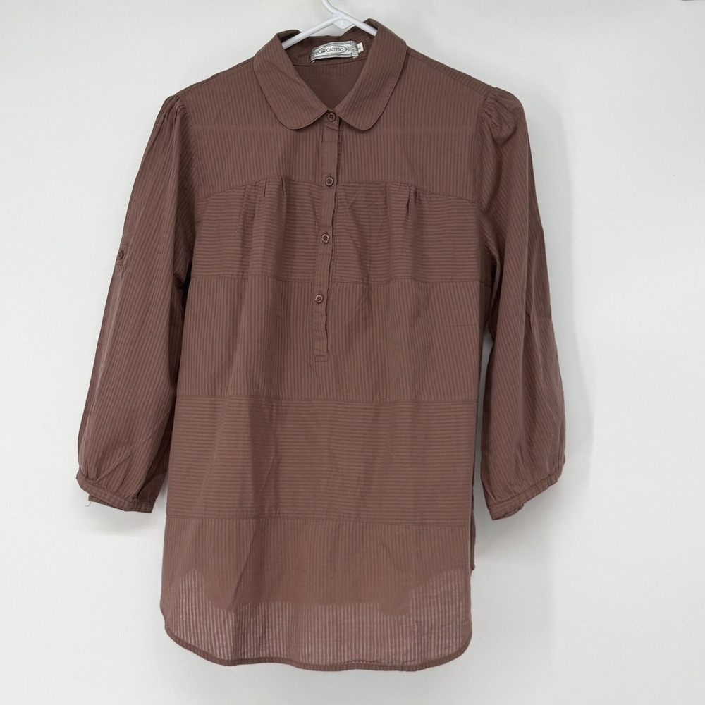 Calypso St Barth Cotton Blouse XL Brown Sheer Lightweight Boho Roll Tab